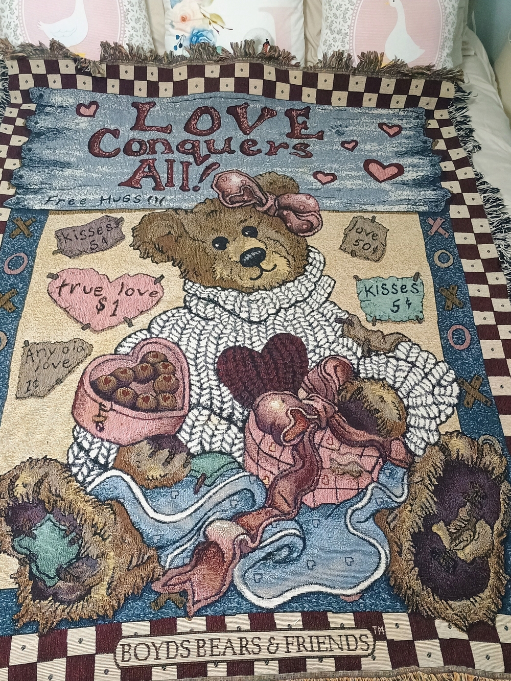 Boyds Bears Pink Blue Cream Teddy Bear Love Throw Blanket